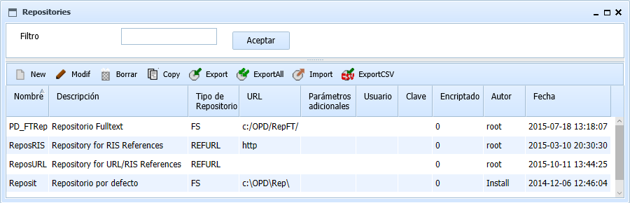 Copia de pantalla ListRepositories Web